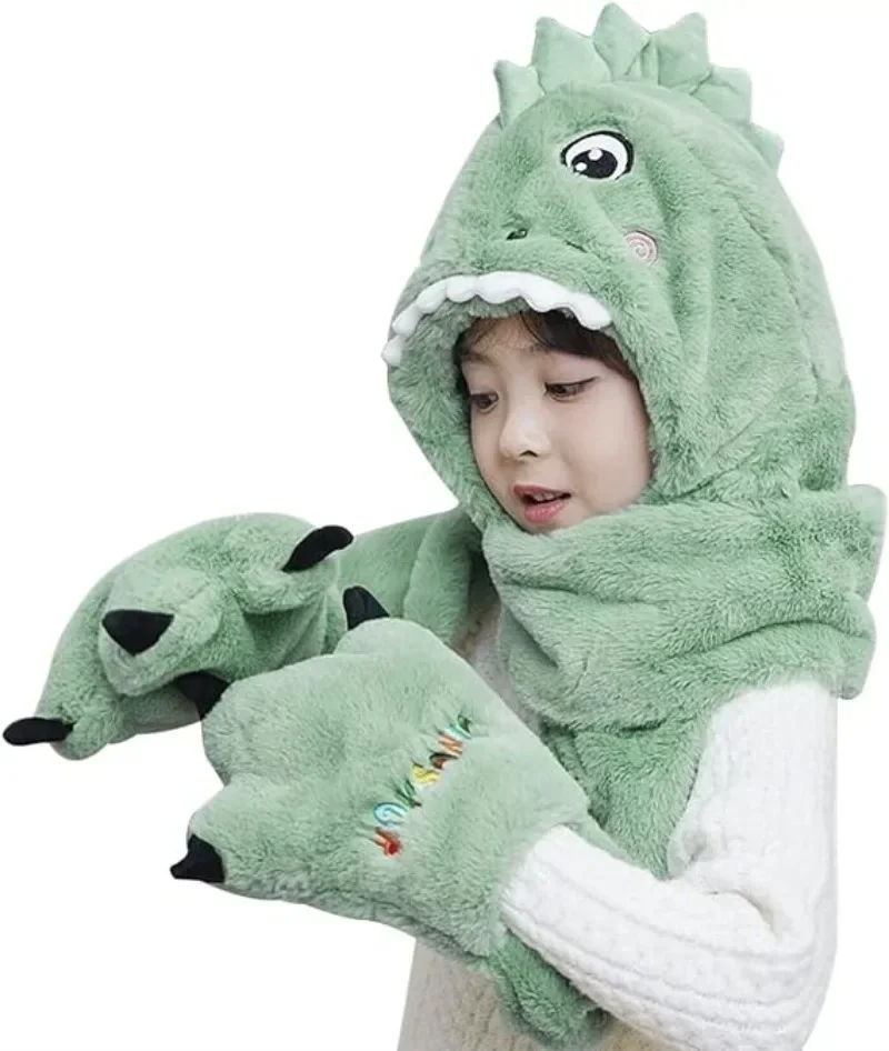 New Children\'s Cartoon Dinosaur Hat Winter Padded and Thickened Warm Plush Scarf Hat Gloves Scarf Warm Three-piece Set