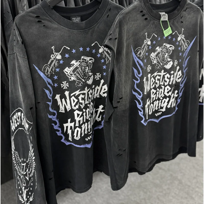 

Хип-хоп футболка западного побережья фиолетовый пламя мотоцикл ретро винтажная потертая дыра мужская женская повседневная футболка с длинными рукавами