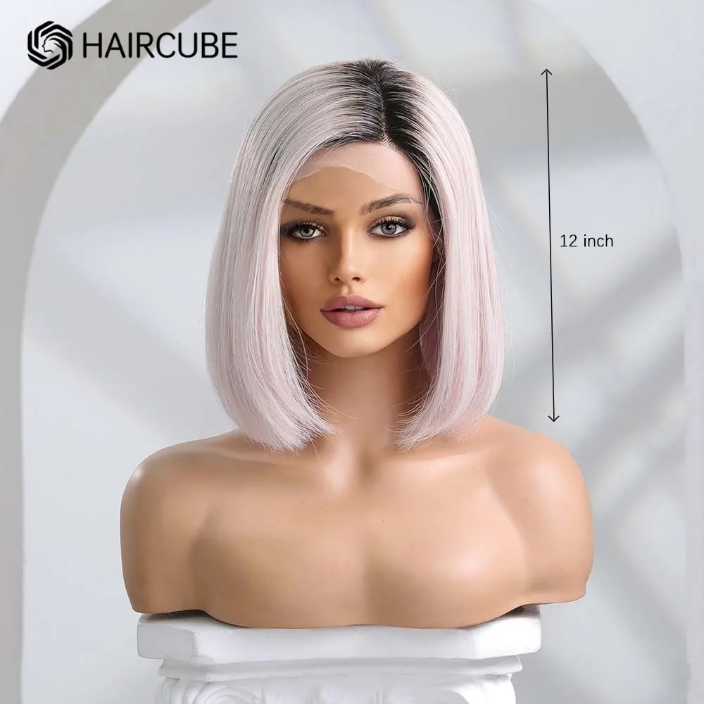 HAIRCUBE przedziałek z boku pastelowy różowy Bob ludzki włos peruka długość ramion prosto 13 × 5 × 1 koronkowe peruki z przodu dla kobiet Natural Remy Hair