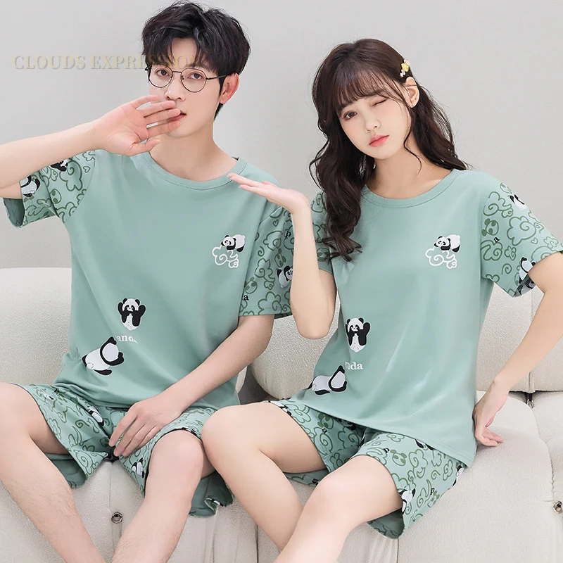 Summer New Knitted Cotton Couple Cartoon Men\'s Pyjamas Red Pajamas Set Casual Male Sleepwear Pyjamas Night Pijamas 3XL Homewear