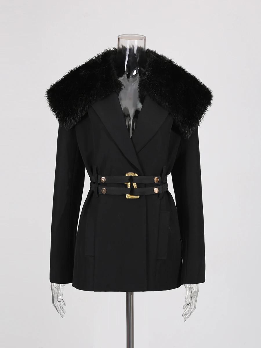 TWOTWINSTYLE Afslanken Gesplitste Riem Temperament Jassen voor Vrouwen Revers Lange Mouwen Patchwork Bontkraag Jas Vrouwelijke Kleding