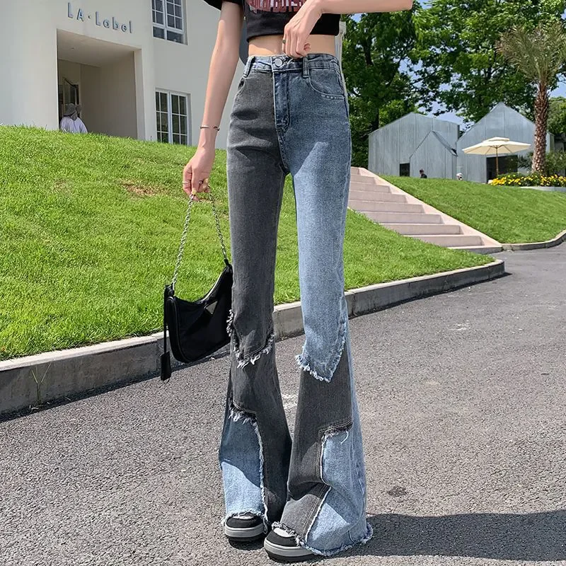 High Waist Elastic Jeans Natural Waist Long Trousers Trendy Micro Flared Pants Asymmetrical Tight Fit Denim With Frayed Hem