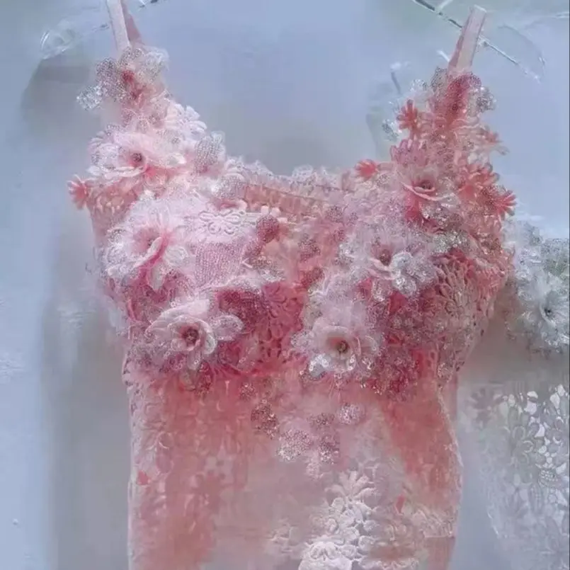 New In 2025 Heavy Industry Sequins Diamonds 3D Flowers Stitch Chest Pad Camisole Lace Embroidery Vest Crop Tops Womens Tank Tops