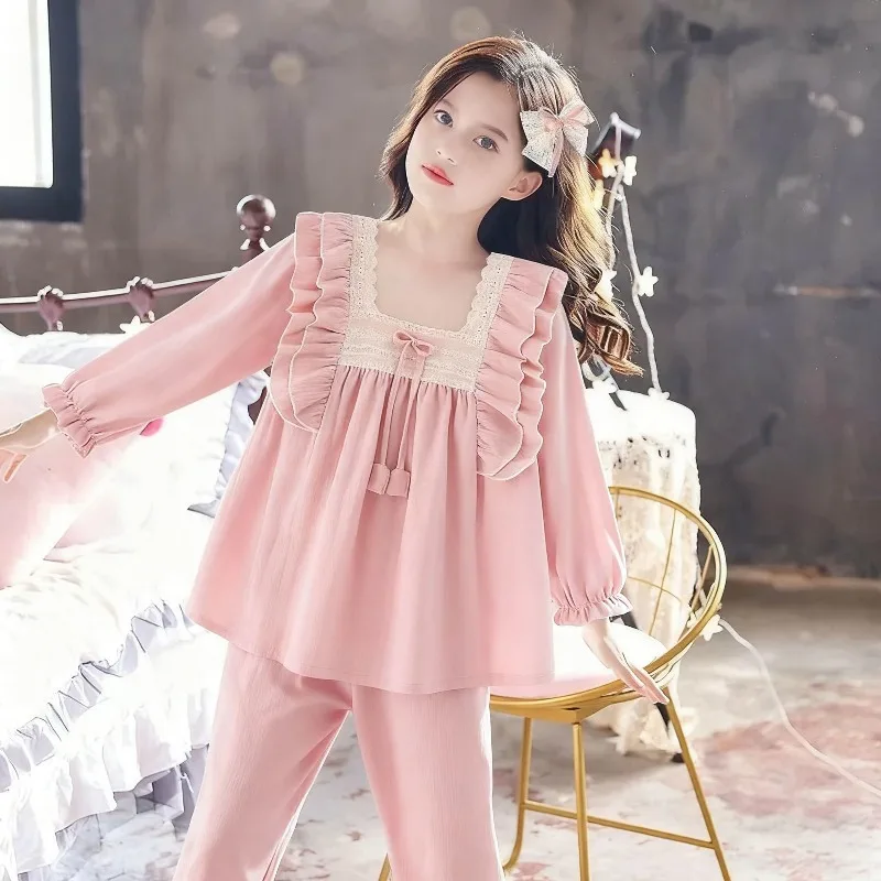Kids Autumn Winter Princess Pajamas Set Thin Flannel Thermal Long Sleeve Pants Parent Child Matching Warmth