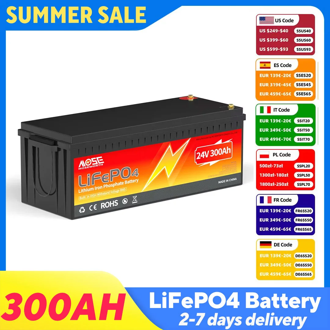 MOSEWORTH 24V 300AH LiFePO4 batterie 7680Wh batterie au Lithium Rechargeable avec 200A BMS 15000 + Cycles pour alimentation de secours marine RV