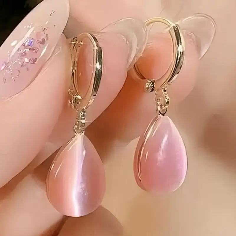 Minimalist Elegant Double Sided Cat Eye Stone Earrings for Women Golden Tone Metal Teardrop Dangle Earrings