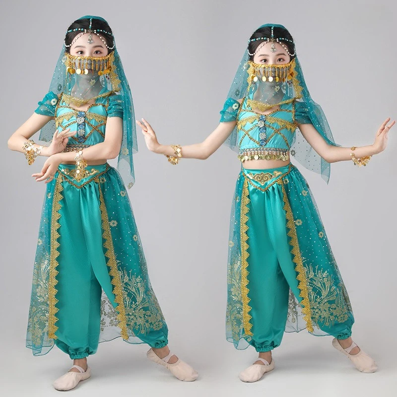 

Girl Belly Dance Dress Indian Dancewear Green Long Dresses Stage Performance Clothes for Women Girls Halloween Theme Party