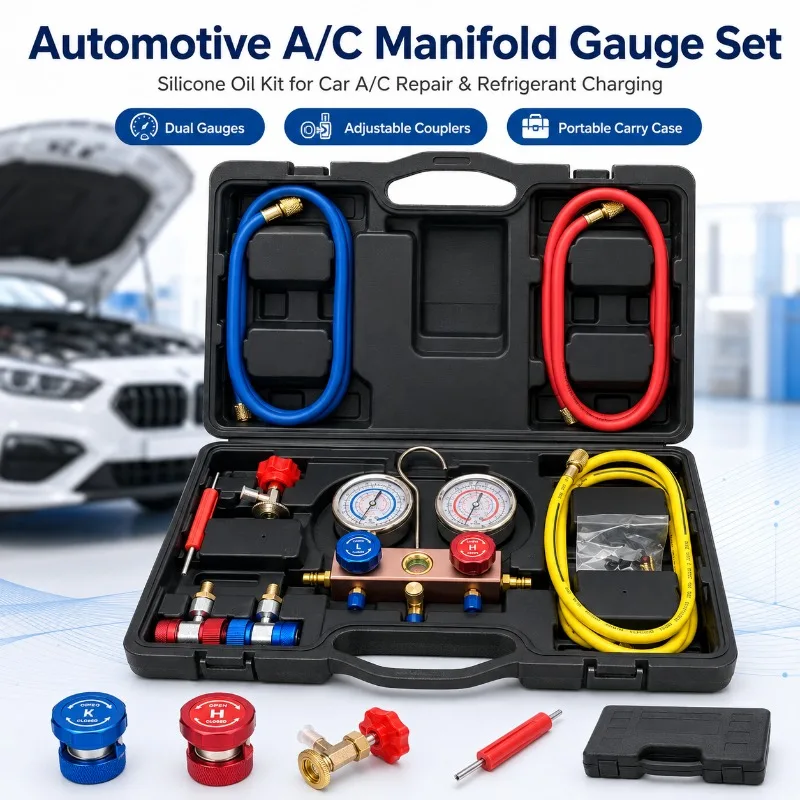 R134a Car AC Manifold Gauge Set Dual Pressure Meter 3 Hoses Quick Couplers Refrigerant Charging Repair Tool Kit with Case
