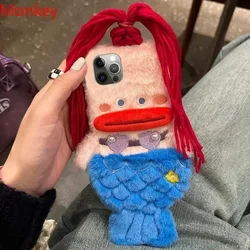 3D Cute Plush Mermaid Girls Gift Phone Cases For iPhone 17 16 15 14 13 Pro Max 12 11 X XR 7 8 Plus Winter Fluffy Hair Soft Cover
