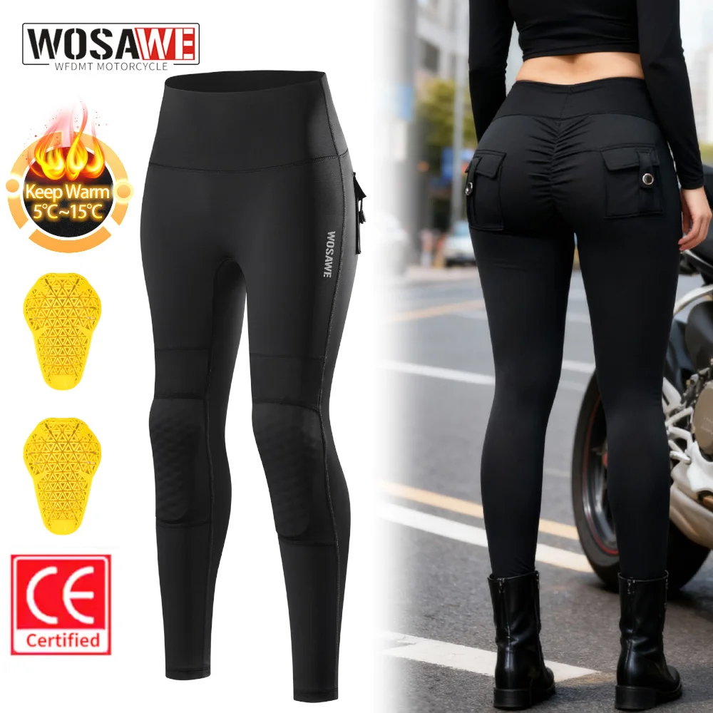 

WOSAWE Women Motorcycle Pants Winter Motocross Riding Pants with CE Knee Pads Fleece Thermal Honey Peach Hip Lift Fitness Pants