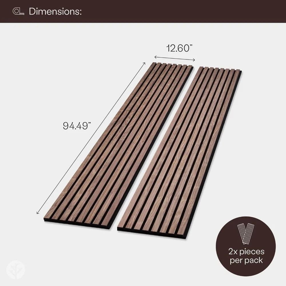 Acoustic Wood Wall Panels (2 X 94.49” X 12.6”, Slatted Walnut Veneer), Wall Panels