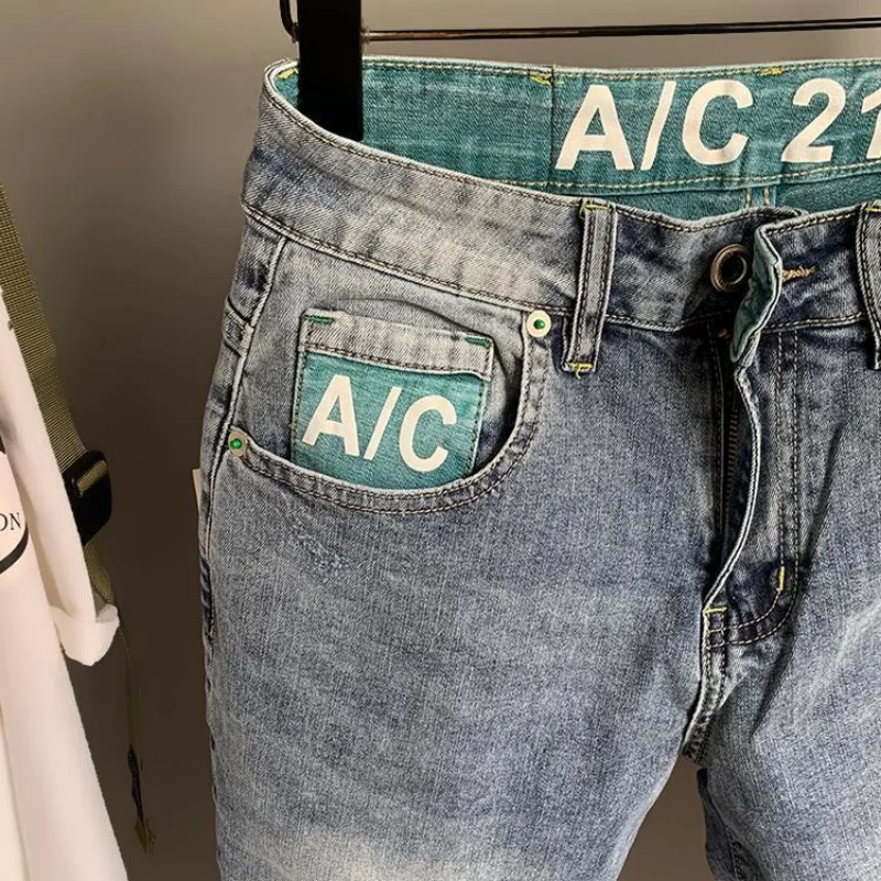 Half Male Denim Shorts with Text Ripped Multi Color Knee Length Men\'s Short Jeans Pants Graphic Long New In Summer Thin Vintage