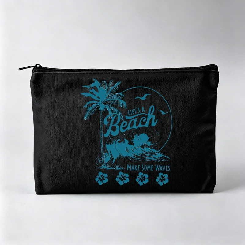 Women's Beach Scene Print Makeup Bag with Slogan, Casual Cosmetic Pouch for Daily Use
