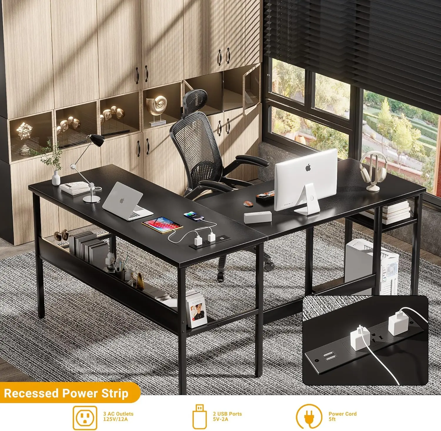 Table Réversible en Forme de L avec Prise de Courant et Port USB, Bureau d'Ordinateur d'Angle Robuste avec Support de Rangement