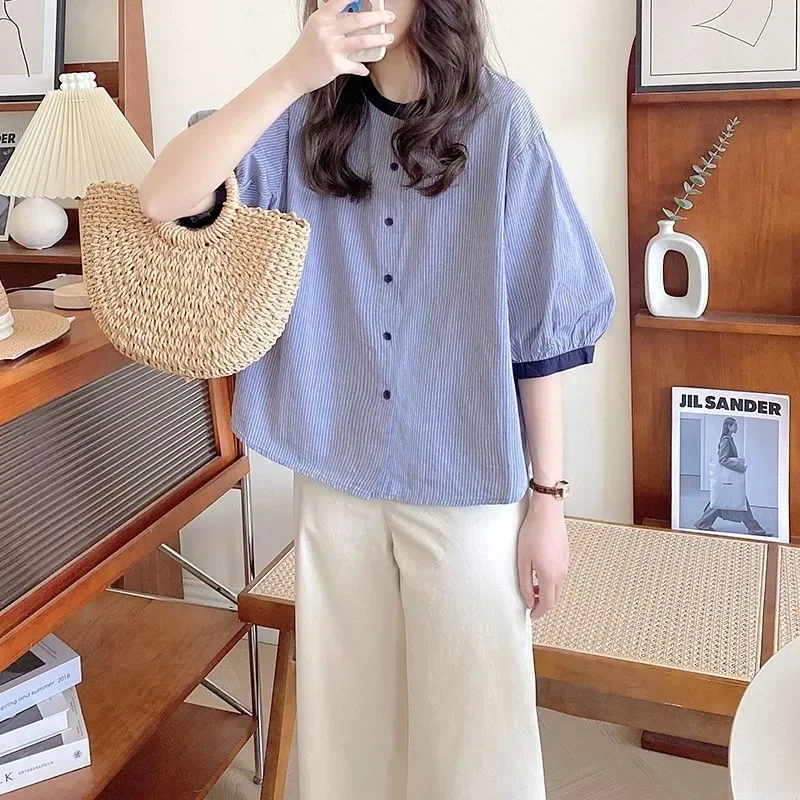 

Женская летняя полосатая рубашка в корейском стиле, свободная, с круглым вырезом, пышными рукавами и цветовыми блоками, топ с рукавом до локтя