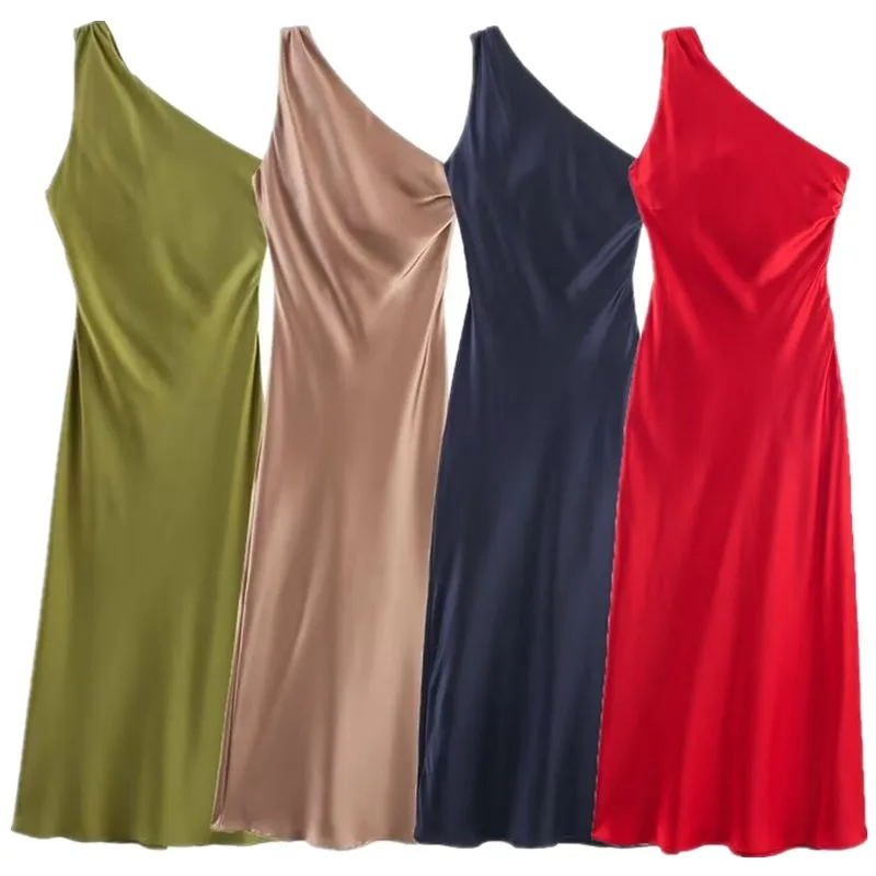Été 2024 asymétrique soie Satin sensation Dr Ele femmes Faion nouveauté décontracté Sle Svel robe cintrée