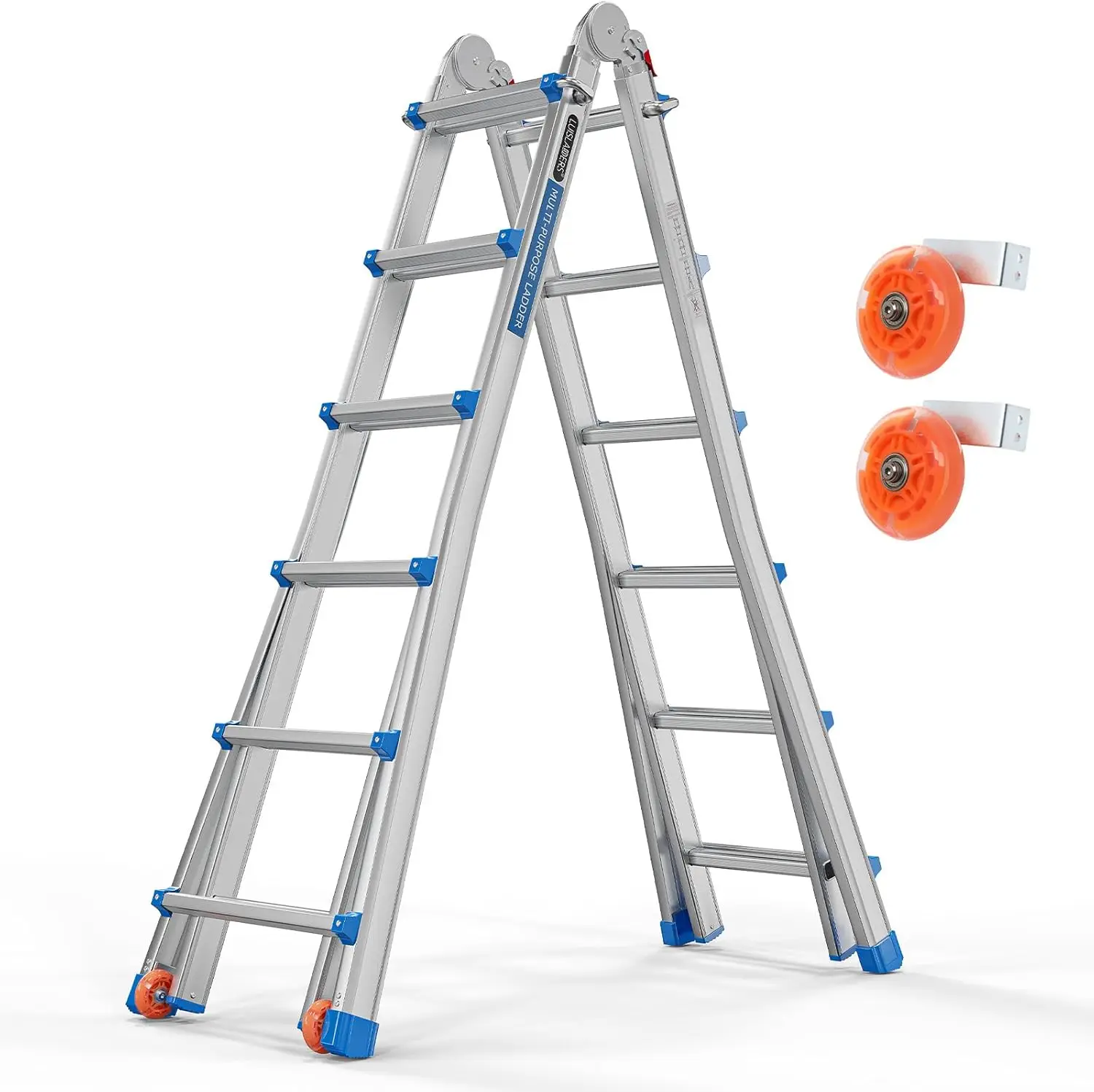 Luisladders Ladder, A Frame 6 Step Ladder Telescoping Ladder, 22 Ft Reach Height Muti Position Folding Ladder Flared Leg &