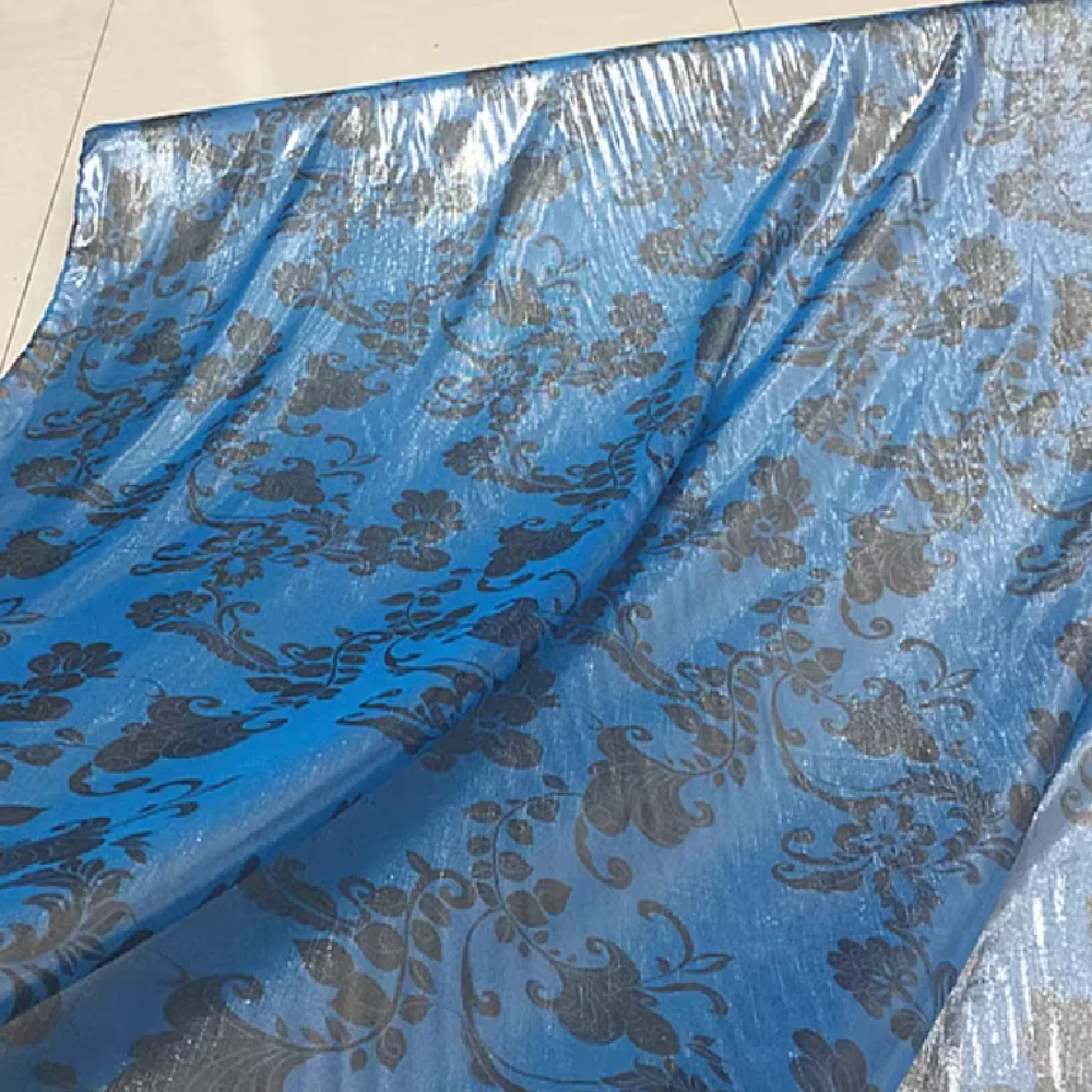 Printed Newest Blue Silver Metallic Shiny Silk Fabric with Black Flower for Lady Amazing Party Dress Shawl Scarf