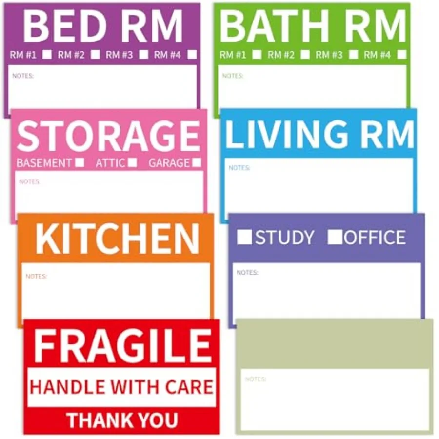 Home Moving Labels, 3.4 x 2 Inch, 8-Color Coded Packing Box Stickers with Fragile and Blank Customizable Labels