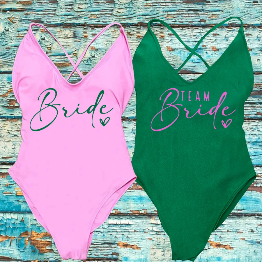 Team Bride ❤ Print Swimsuit Women Sexy Padded One Piece Bathing Suit Swimming Suit Bachelorette Party Swimwear Wedding Beachwear