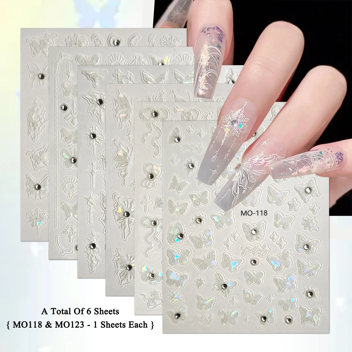 3/6/12 Blatt schillernde weiße Schmetterlings-Nagelkunstaufkleber mit Strasssteinen, holografische feenhafte selbstklebende DIY-Nagelaufkleber
