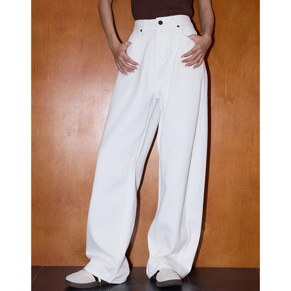 

Весенние новые прямые джинсы с высокой талией и белой талией 00% хлопка, утягивающие широкие джинсы, повседневные женские джинсы на пуговицах Crt