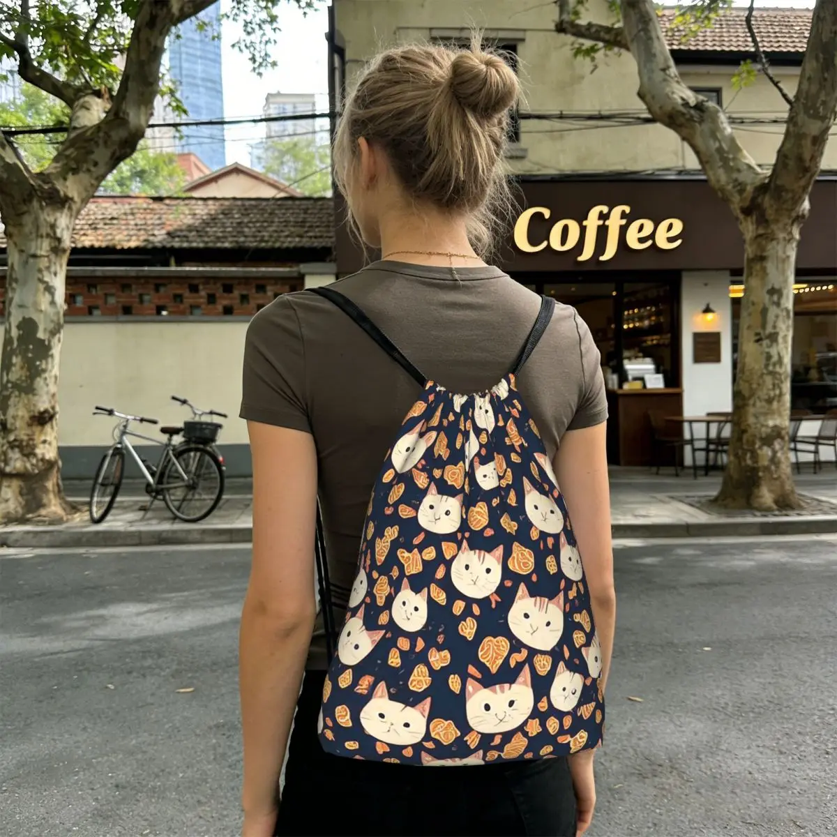 

Cute Cat Biscuit Pattern Backpacks Fashion Drawstring Bundle Pocket Sports Bag Book Bags for Travel Students