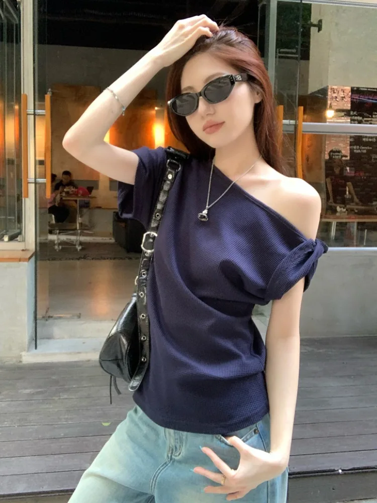 

Slim Fit Shoulder Bared Short Sleeve T Shirt Women's Summer Design Unique Stylish Korean Version Commute Style Casual Wear