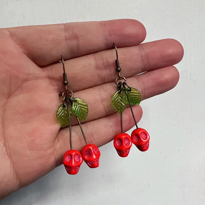 Gothic Skull Cherry Earrings For Women Fashion Pagan Witch Jewelry Accessories Gift Red Vampire Skull Green Leaf Ear Hooks Trend