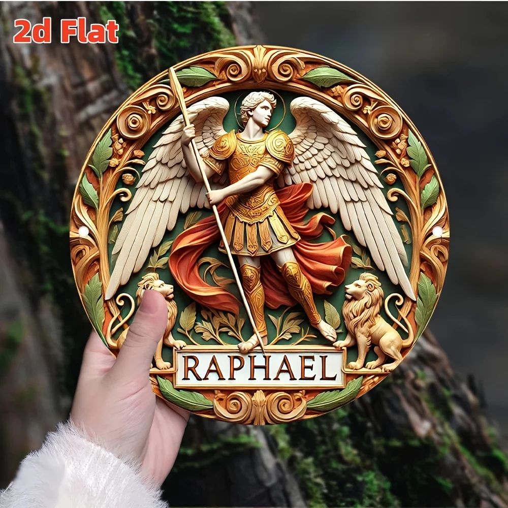 Raphael Metal Wall Art Golden Armor Staff Pattern Round 8x8 Inch Modern Household Wall Hanging Art Decor Ornament
