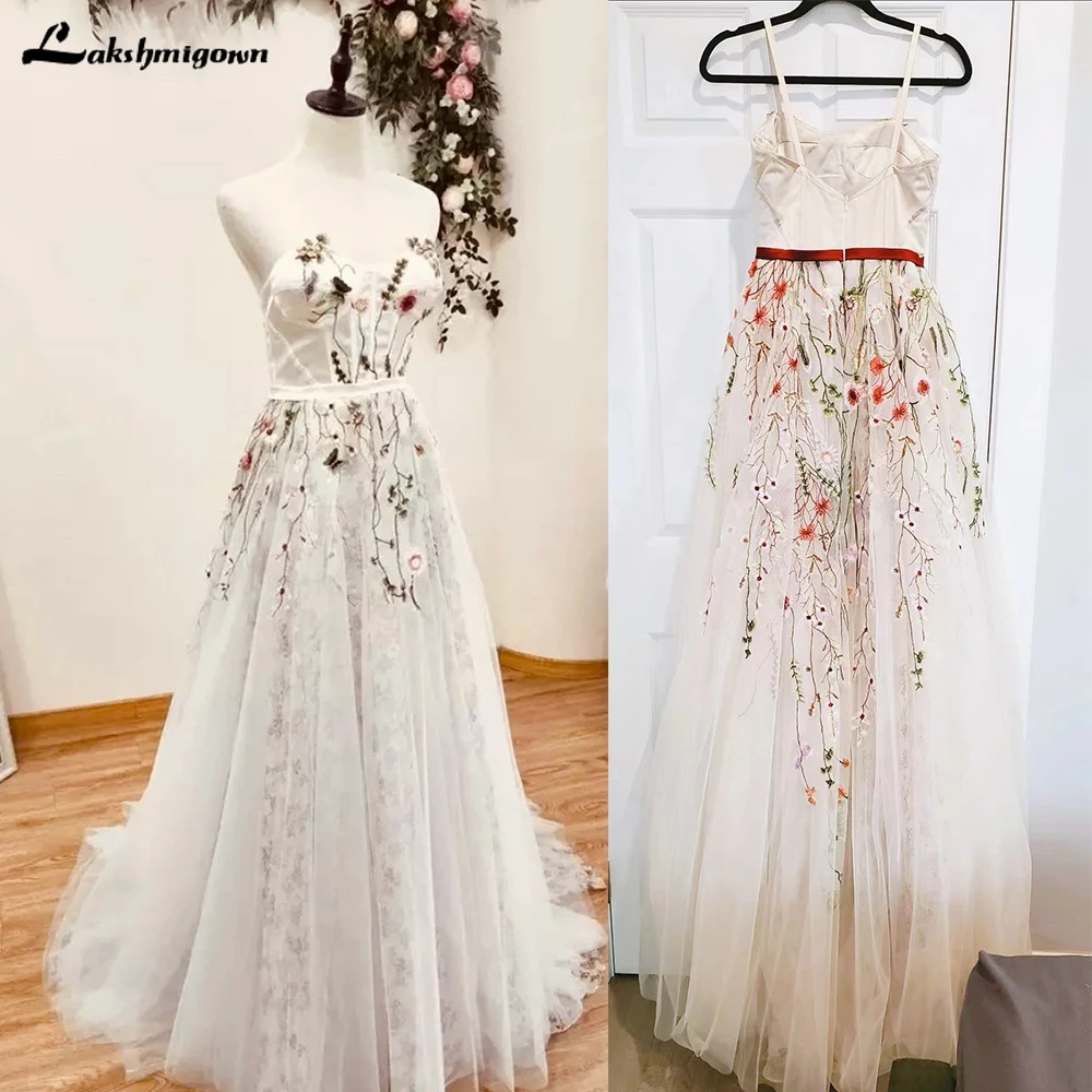 

Lakshmigown Print Flower Wedding Dress Sweetheart Bridal Gowns For Bride Robe De Mariée Beach Sweep Train For Women