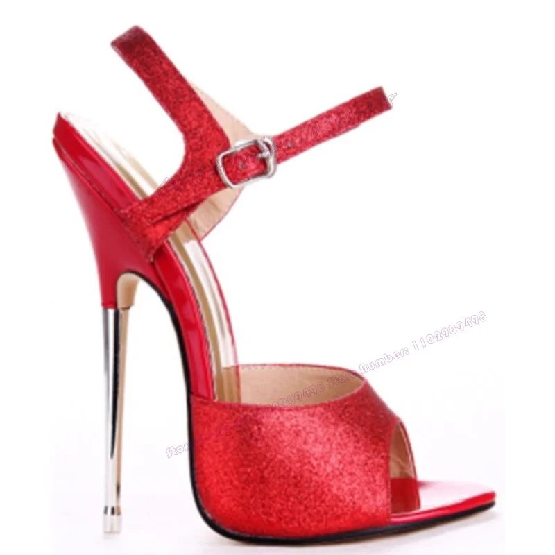 Rose Red Glitter Metal Heel Back Strap Sandals Peep Toe Shoes for Women Extreme High Heels Sexy Shoes 2023 Zapatos Para Mujere