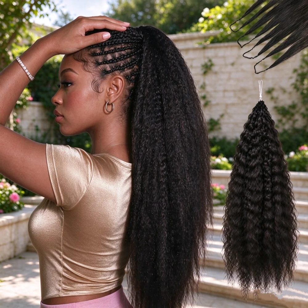 Kinky Straight Feather Crochet Human Hair Pre Separated Knotless Pre Looped Human Hair Extensions Reusable Invisible Real Human Hair