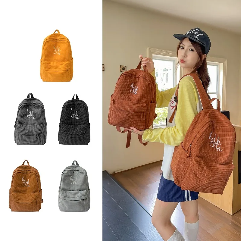 Korean Fashion Women Backpack Casual Checkered Nylon Daypack Light Students School Bags Outdoor Hiking Camping Travel Rucksack