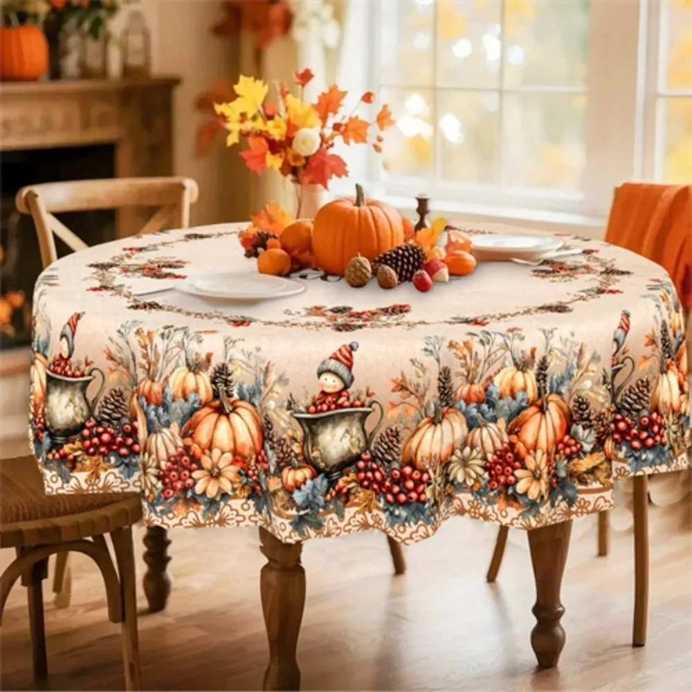 1pc Autumn Farmhouse-Style Tablecloth Beige Base Adorned with Pumpkin, Pinecone, Berry, and Floral Motifs Rustic Vintage Design