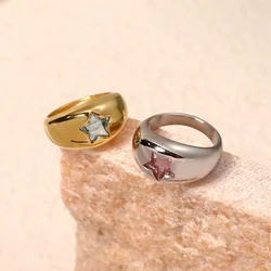 Waterproof 18K Gold Color Chubby Star Rings for Women Sleek Stainless Steel Pink Zircon Dome Finger Ring Femme Bijoux Anillos