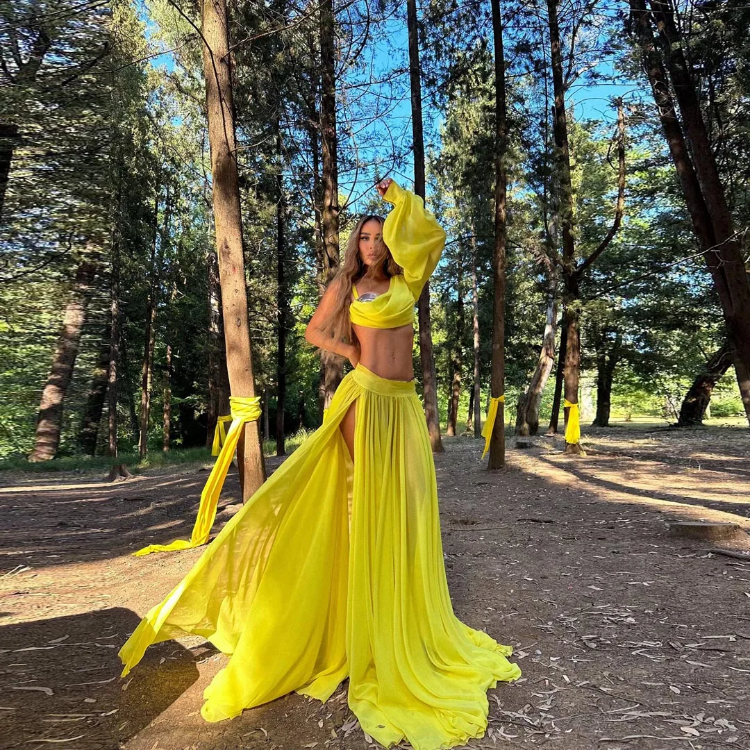 Two Piece Set Women Summer Sexy Chic Solid Yellow One Shoulder Short Top Side High Slit Pleated Chiffon Long Skirt Sets