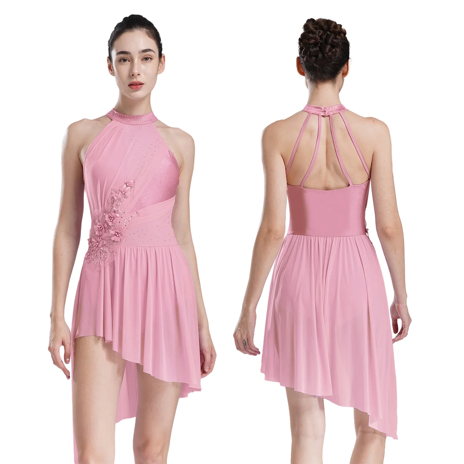 

Rhinestones Applique Lyrical Dance Dress Womens Modern Contemporary Dance Performance Clothes Halter Strappy Back Leotard Dress