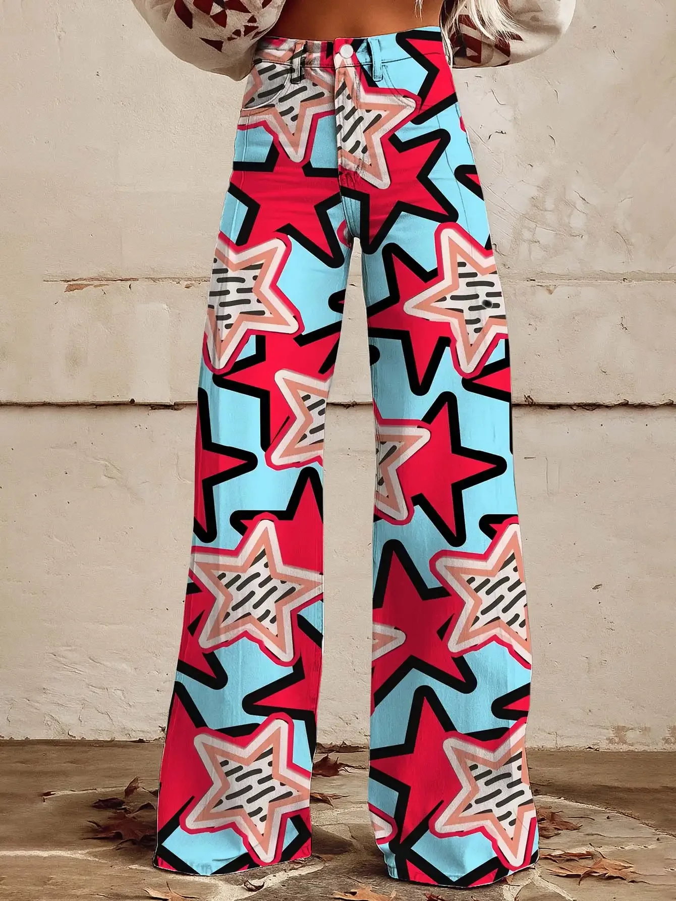 Women's new  fashionable, beautiful, fantasy floral print, loose flared imitation jeans