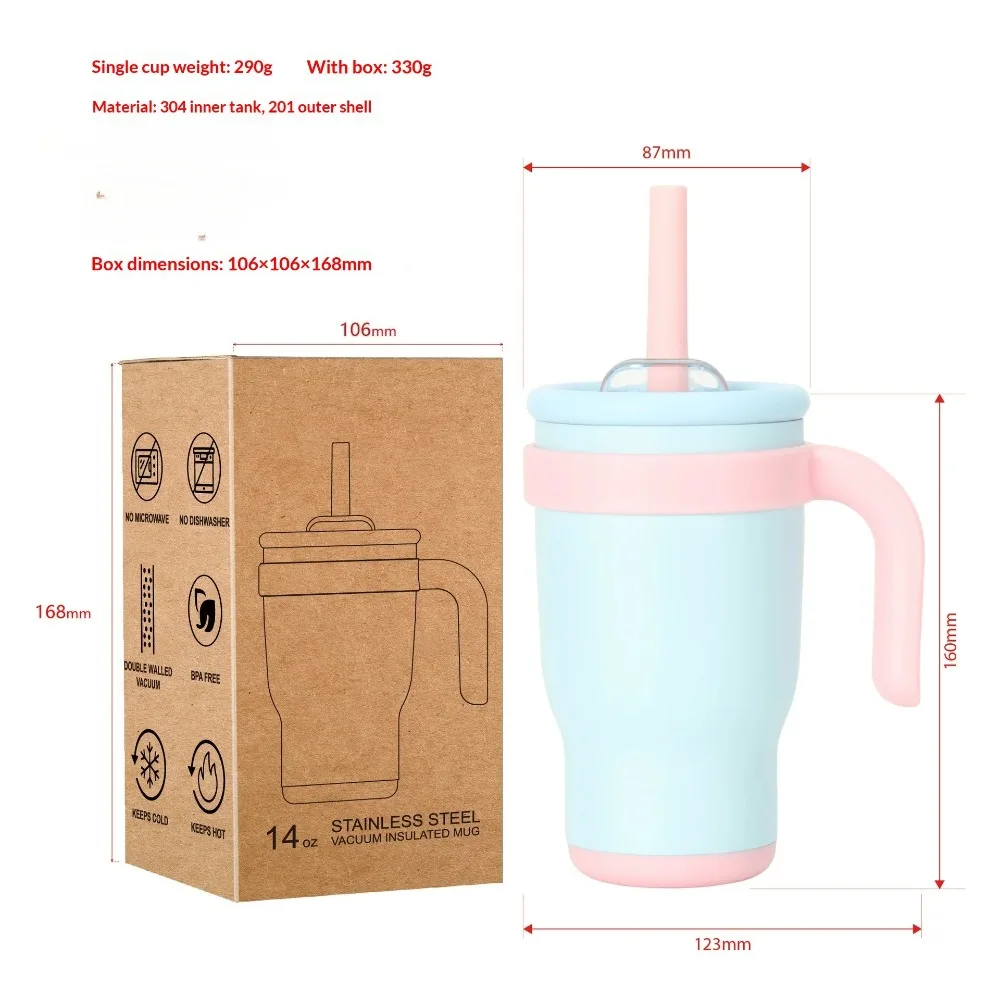 14oz Straw Car Cup Contrasting Color Kids Student Vacuum Insulated Cup Stainless Steel Water Bottle with Handle
