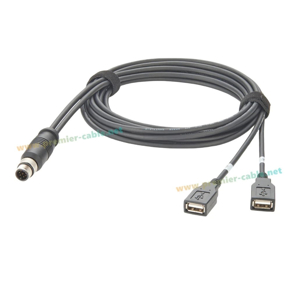 M12 A Code 8-pins mannelijk naar dubbele USB 2.0 vrouwelijk verlengkabel IP67 waterdichte M12 Y-splitterkabel compatibel M12-2USB-300