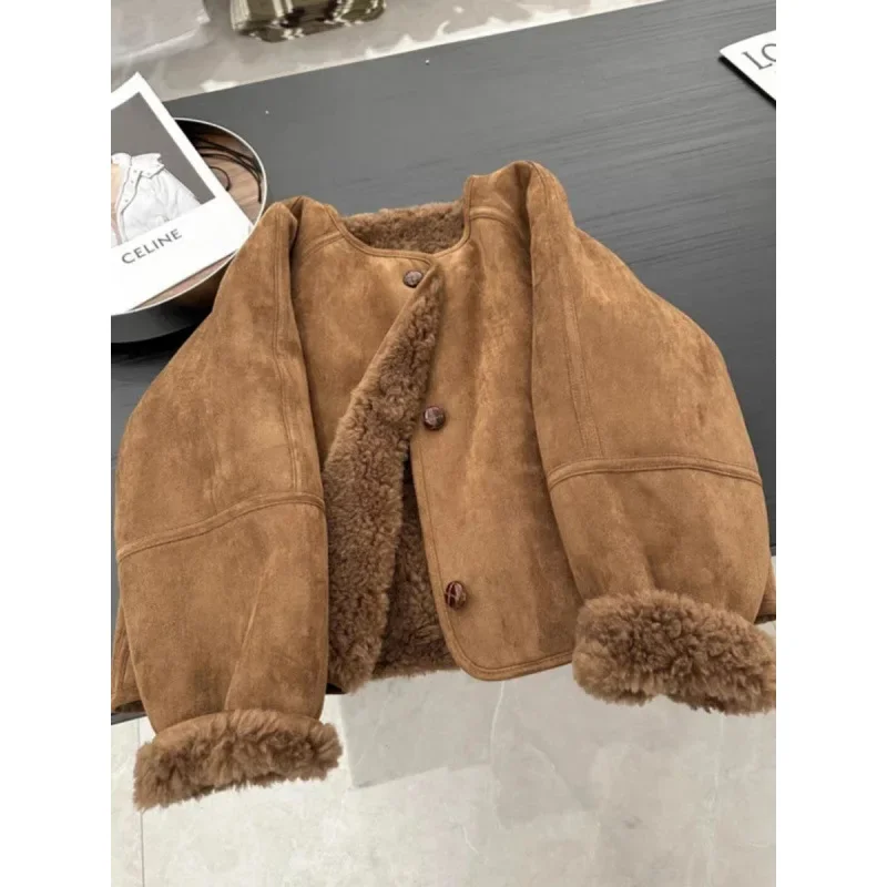 2025 New Brown Faux Fur and Leather Jacket, High-End Light Mature Style for Late Autumn and Early Winter