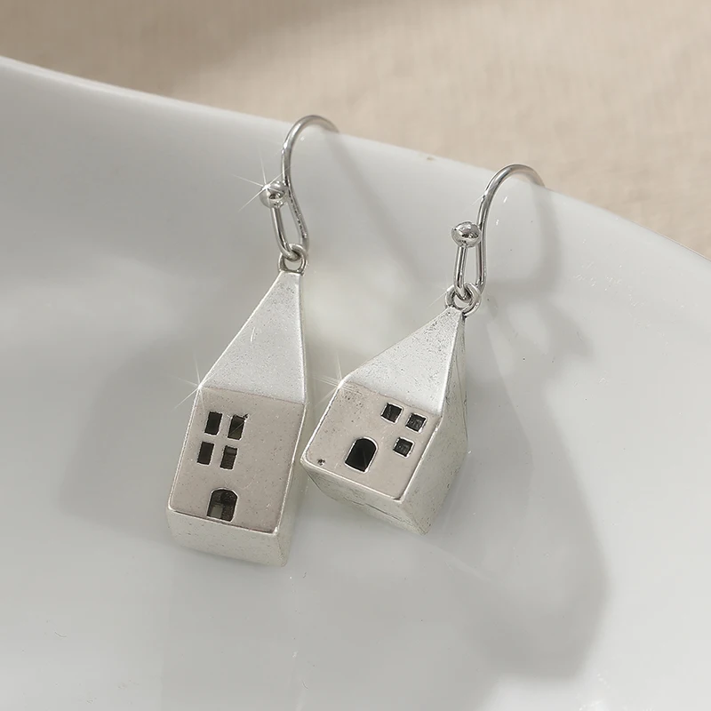 خمر بسيط فضي اللون المعادن نحت البيت تصميم نمط استرخى أقراط للنساء مجوهرات #2