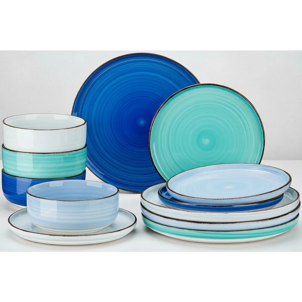 

Bonita Blue 12-Piece Stoneware Dinnerware Set for 4, Dishwasher & Microwave Safe Plates Bowls