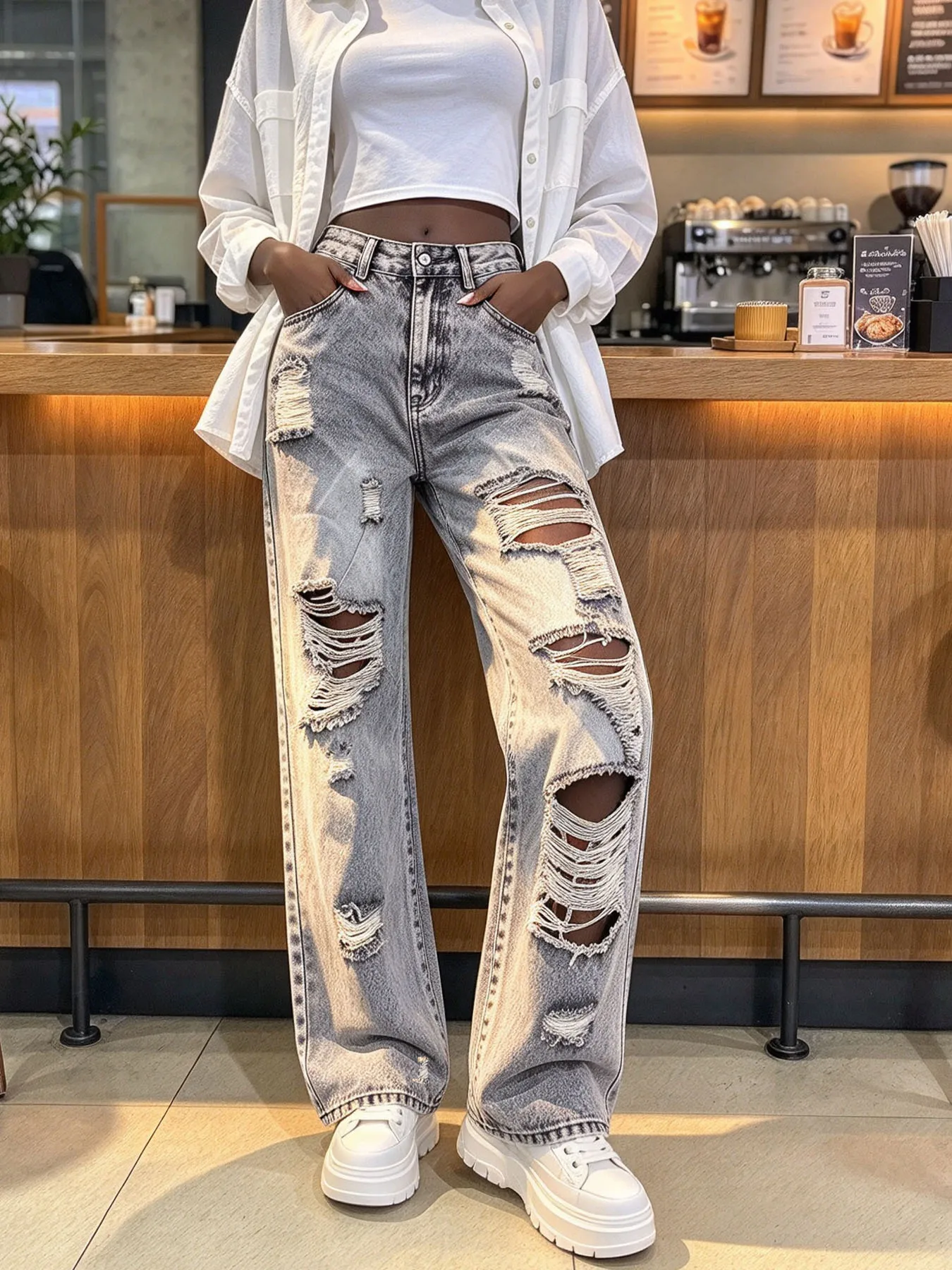 Y2K Street Style Women Gray Big Ripped Jeans High Waist Wide Leg Loose Slim Fit Draping Straight Long Pants