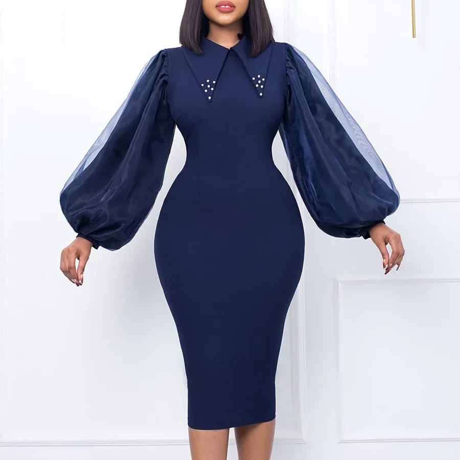 African Dresses for Women Spring African Women Long Sleeve Red Green Dark Blue Polyester Knee-length Dress African Clothes