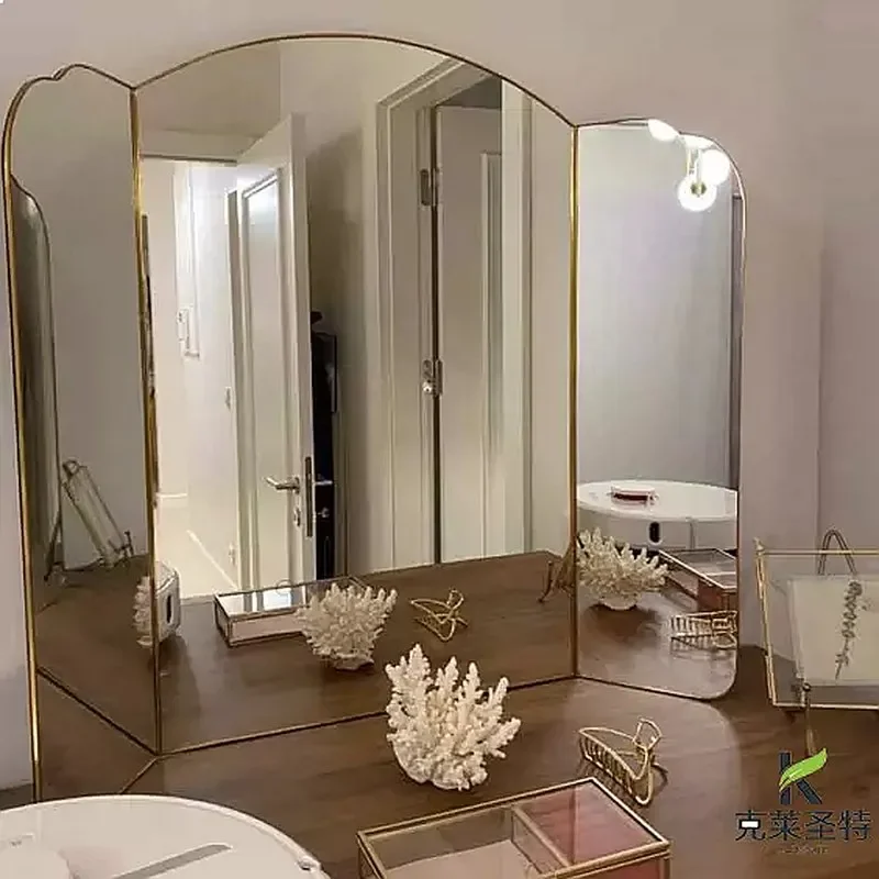 MZ French Gold Folding Three-Way Mirror Vintage Bathroom Vanity Mirror European Style Desktop Cosmetic Mirror O