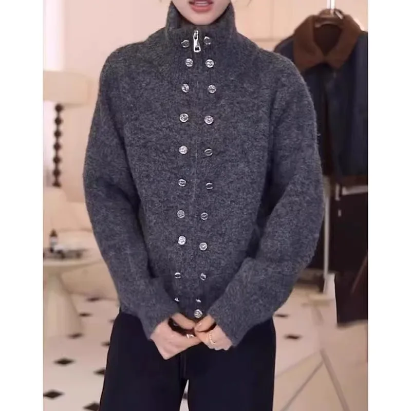 

Double Breasted Stand Up Collar Red Sweater Jacket for Women in Autumn and Winter Thick and High-end Knitted Sweater