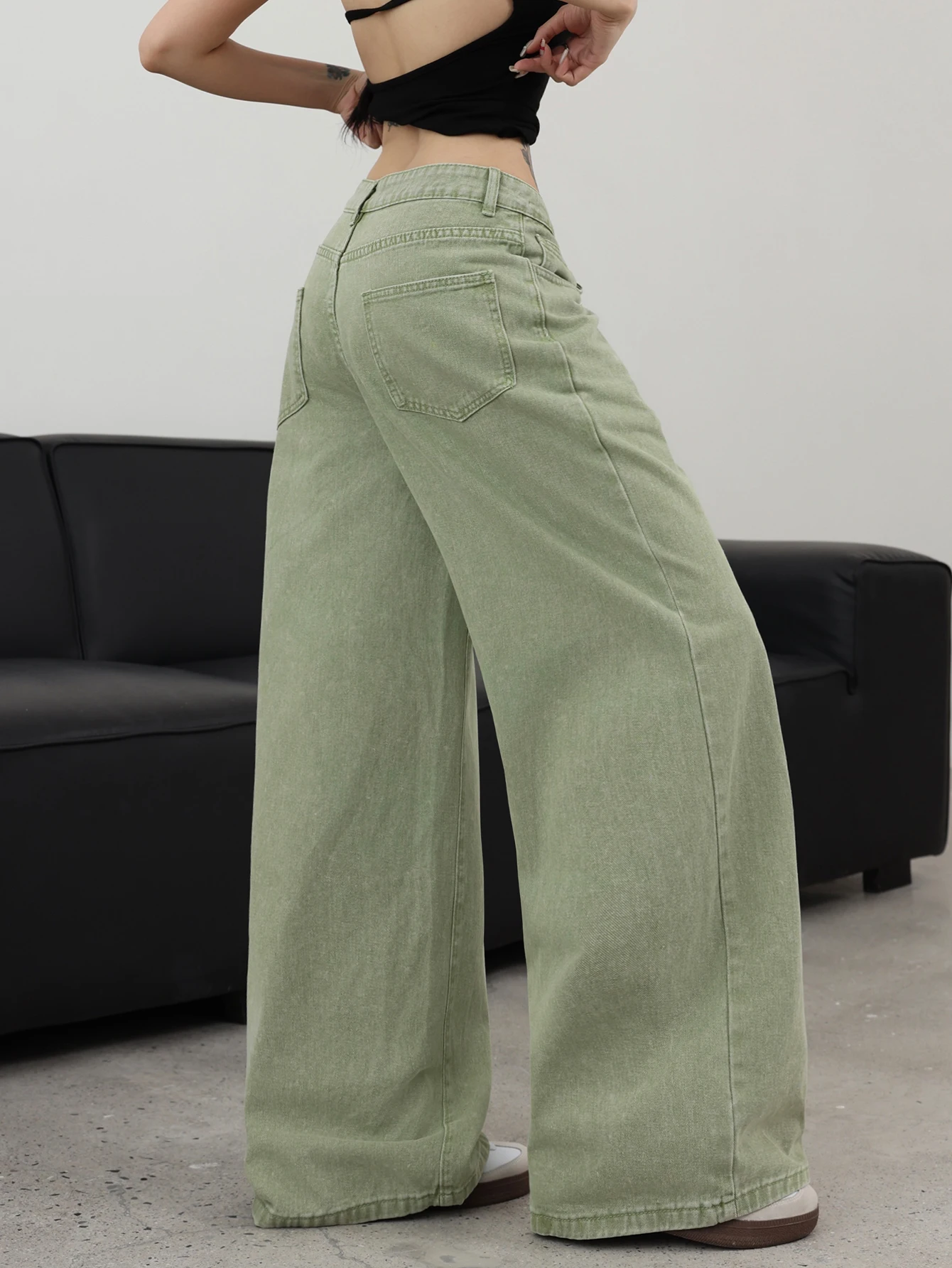 Women Wide Leg Jeans Street Travel Solid Plain Design Vintage Casual High Waist Floor Length Light Green Washed Denim Pants