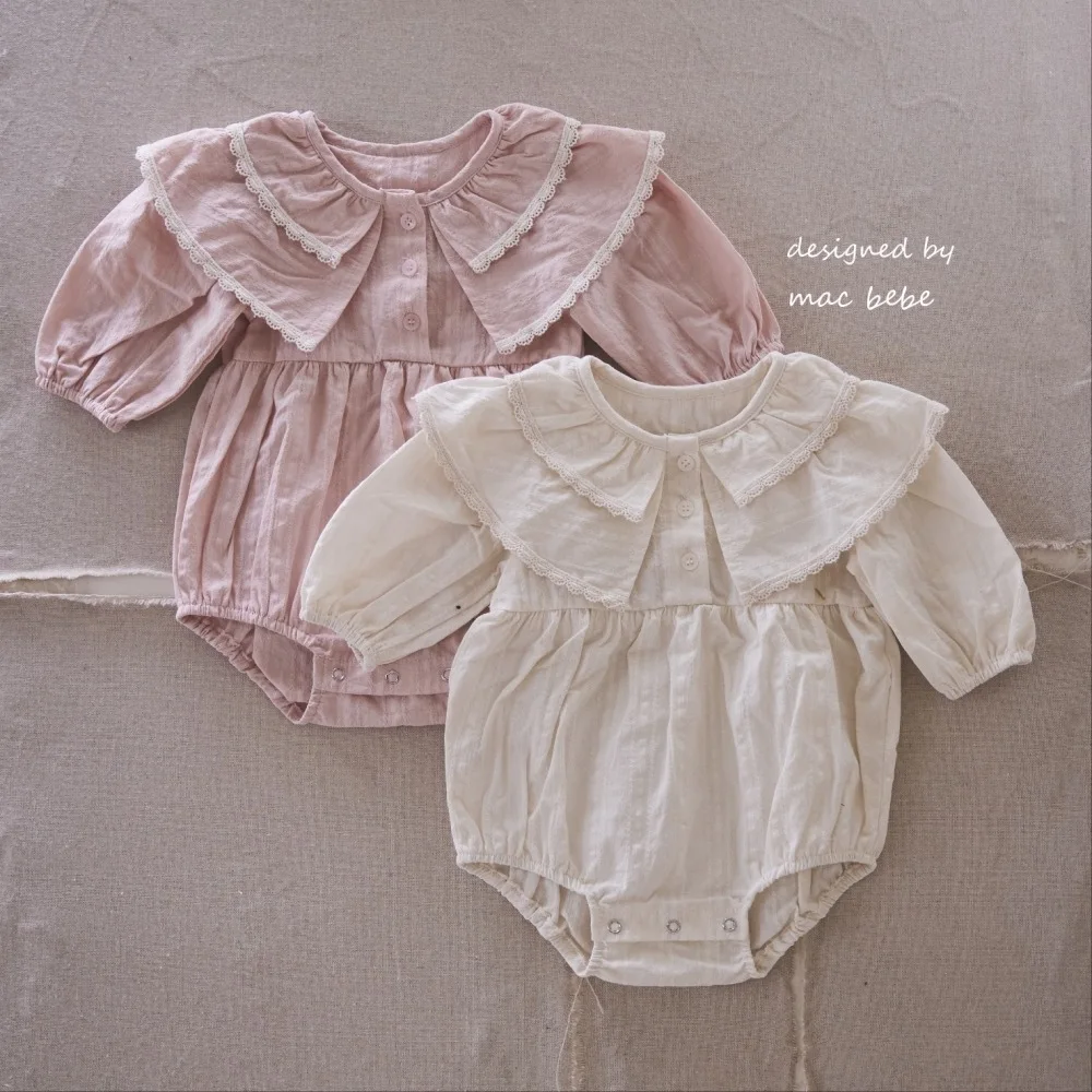 2025 Spring New Baby Girl Long Sleeve Bodysuit Newborn Toddler Lapel Sweet Princess Jumpsuit Cotton Infant Girl Clothes 0-24M